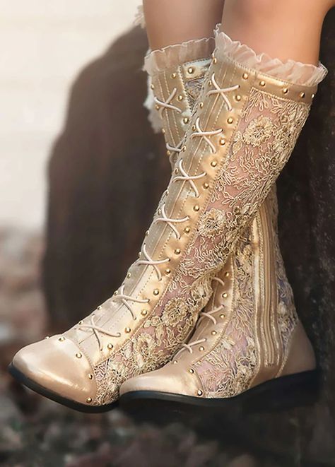 GRAMERCY BOOT GOLD Trendy Boots, Gold Lace, 1 Girl, Girls Boots, Shoe Size Chart, Lace Boots, Flash Sale, Sheer Lace, Cute Shoes