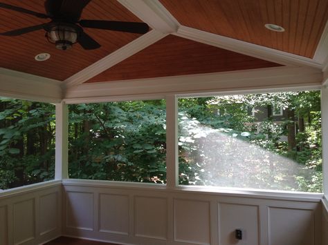 Screen porch with wainscoting knee walls, custom tongue and groove ceiling Porch Knee Wall Ideas, Knee Wall Ideas, Porch Knee Wall, Wainscoting Bedroom, Dining Room Wainscoting, Screened Porch Designs, Wainscoting Styles, Small Bedroom Remodel, Knee Wall