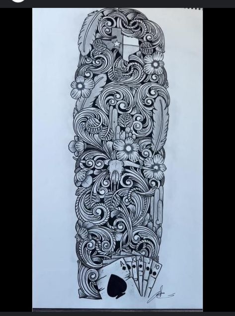 Sheridan Style Leather Tooling, Leather Tooling Tattoo Sleeve, Punchy Western Tattoos Sleeve, Western Tattoos For Men Sleeve, Cowboy Graffiti, Tooled Leather Tattoo Sleeve, Leather Tooling Tattoo, Tooling Tattoo, Western Sleeve Tattoo For Men