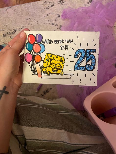 Spongebob Cards Birthday, Birthday Card Painted, 25 Birthday Card Ideas, Spongebob Diy, Birthday 25, Happy Birthday Cards Handmade, Happy Birthday Cards Diy, Punny Cards, Handmade Gifts For Friends