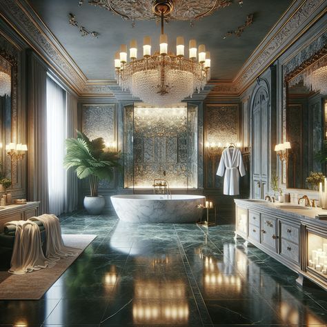 Marvel at the luxurious design of this master bathroom. Lavish marble tub at its heart, alongside a rainfall shower. Mute tones with gold accents and a chandelier add opulence. Double sinks on a grand vanity contrast with the plant by the window, blending nature and luxury. #LuxuryBathroom #MarbleBathtub #RainfallShower #DoubleSinkVanity #ChandelierBathroom #BathroomDecor Mansion Interior Bathroom, Grand Bathroom, Master Bathrooms Luxury, Lux Bathroom, Grey Marble Bathroom, Bathroom Concepts, Luxury Bathroom Inspiration, Aqua Bathroom, Mediterranean Bathroom