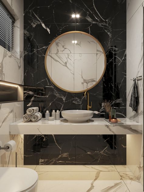 Modern Marble Powder Room, Luxury Powder Room Design Modern, Power Room Ideas, Glamorous Pop Master Powder Room Wallpaper, Black Marble Powder Room, Luxurious Guest Toilet, Powder Room Ideas Elegant Modern, Light Up Bathroom Mirror, Black Marble Washroom