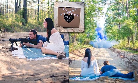 Keith Batchelder, 34, and Jamie Indiveri, 24, used a gun and colored powder to find out the gender of their unborn baby. The engaged couple, from Navarre, Florida, came up with the controversial method Gender Reveal Tannerite, Gender Reveal Shooting, Glitter Gender Reveal, Creative Gender Reveals, Gender Reveal Unique, Gender Reveal Announcement, Gender Reveal Photos, Pregnancy Gender Reveal, Pregnancy Gender