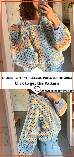 Create your own stylish Granny Hexagon Pullover Sweater with this step-by-step crochet tutorial! Learn how to craft this cozy and customizable sweater using a 5mm crochet hook and Karen Cotton Cakes yarn. Follow along to make two identical hexagonal pieces, add sleeves, and personalize the fit for a trendy addition to your wardrobe! Perfect for crochet enthusiasts and fashionistas looking to craft a unique and comfy pullover. Hexagon Pullover, Crochet Granny Hexagon, Hexagon Sweater, Hexagon Crochet Pattern, Granny Hexagon, Crochet Pullover Pattern, Crochet Granny Stitch, Crochet Sweater Design, Crochet Cardigan Pattern Free