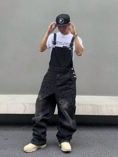 Men Ripped Slant Pocket Denim Overall Jumpsuit Without Tee Black Casual  Sleeveless Denim Plain Overall Non-Stretch  Men Clothing, size features are:Bust: ,Length: ,Sleeve Length: Skateboard Style Mens, Fits With Overalls, Gothic Streetwear Men, Black Overalls Outfit Men, Outfit Ideas Men Black, Men Fashion Black And White, Alt Style Men, Black Men Outfits Street Style, Mens Overalls Outfits