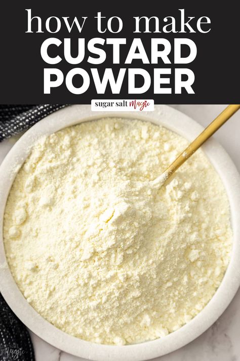 Want to know how to make custard powder from scratch? It takes just minutes and is shelf stable so you can have warm, creamy vanilla sauce at the ready, in no time. How To Make Baking Powder Recipe, Homemade Custard Powder Recipe, How To Make Cheese Powder, Milk Powder Recipes, Custard Powder Recipes, Custard Recipe Easy, How To Make Custard, Custard Creams, Custard Cake Recipes