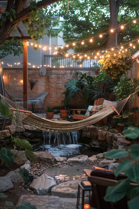 Whimsical Patio Perfection: Ideas to Create an Outdoor Oasis - Quiet Minimal Calming Outdoor Spaces, Garden Hammock Chair, Serene Patio Ideas, Backyard Chill Area, Nature Home Aesthetic, Aesthetic Backyards, Whimsical Patio, Fairytale Backyard, Small Backyard Oasis