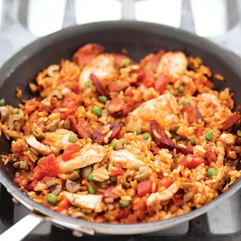 Paella with Chicken, Chorizo, and Olives for Two | America's Test Kitchen Recipe Paella With Chicken, Donut Toppings, Chicken Chorizo, Cookie Toppings, America's Test Kitchen Recipes, Chorizo Sausage, Spanish Rice, Kitchen Recipe, America's Test Kitchen