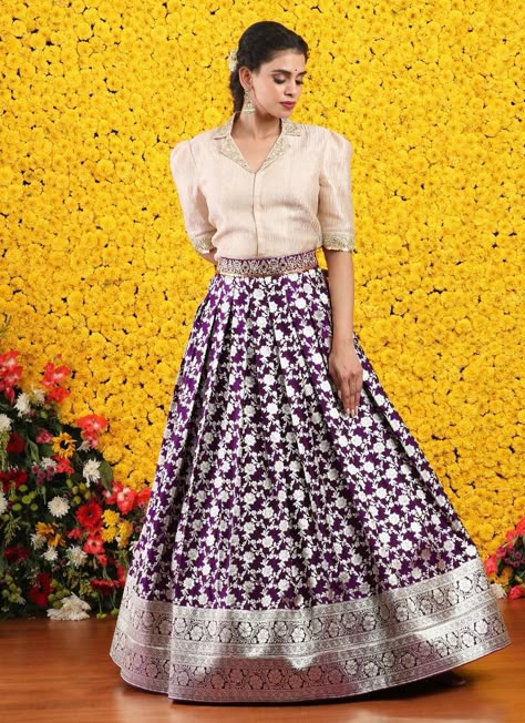 Top For Skirt Indian, Crop Top Lehenga Blouse Designs, Simple Crop Top Lehenga, Croptop Lehenga Designs Latest, Unique Blouse Designs For Lehenga, Simple Lehenga Designs Classy, Crop Top And Skirt Indian, Long Skirt Outfits Indian, Pattu Gown