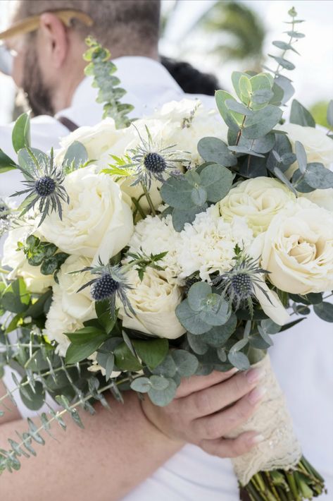 Bouquet With Blue Thistle, Thistle Wedding Flowers, Thistle Bouquet Wedding, Hostess Ideas, Thistle Bouquet, Destination Wedding Flowers, Hard Rock Punta Cana, Thistle Wedding, Tartan Wedding