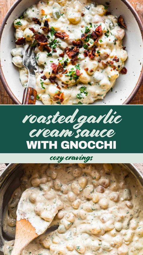 This Roasted Garlic Cream Sauce with Gnocchi is incredibly decadent and rich with so much flavor thanks to a whole head of roasted garlic, bacon, fresh parsley, and plenty of parmesan. The gnocchi are cooked right in the sauce making it an easy one pan meal. Shrimp And Gnocchi With Garlic Parmesan Cream Sauce, Gnocchi Garlic Butter Sauce, Gnocchi Recipes White Sauce, Gnocchi And Cream Sauce, Fine Dining Gnocchi Recipes, Garlic Parm Gnocchi, White Sauce Gnocchi, Potato Gnocchi Recipes Sauces, Dairy Free Gnocchi Sauce