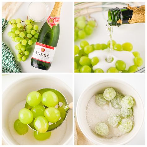 Sugared Champagne Grapes Glazed Grapes, Champagne Grapes Recipes, Boozy Grapes Recipe, Sugared Champagne Grapes, Prosecco Grapes Frozen, Alcohol Grapes, Frozen Grapes Marinated In Wine, Grape Appetizers, Champagne Grapes