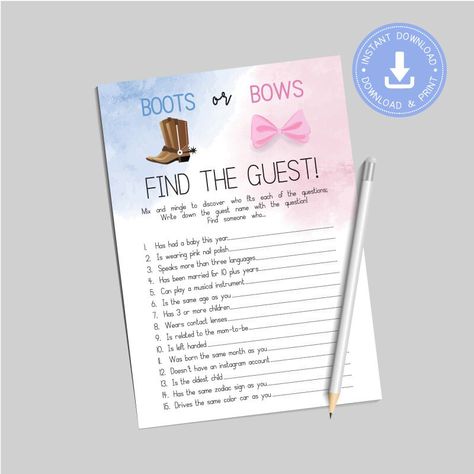 Excited to share this item from my #etsy shop: Boots or Bows gender reveal, Find the guest, Games Printable, Instant Download, Game, western boy or girl Baby shower, CY088 Boots Or Bows Gender Reveal Decorations, Guest Games, Boots Or Bows Gender Reveal, Bows Gender Reveal, Western Boy, Boy Or Girl Baby, Find The Guest, Bow Gender Reveal, Gender Reveal Games