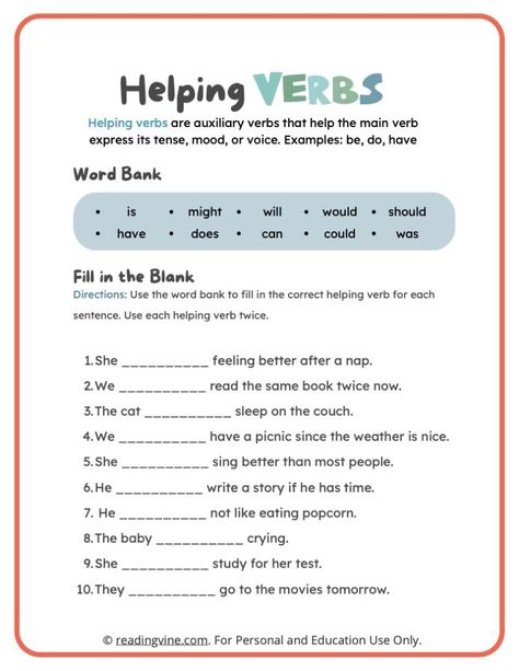 Fill In The Blanks With Helping Verbs-image - Readingvine image and visual related images Helping Verbs Worksheet, Action Verbs Worksheet, 3rd Grade Worksheets, Types Of Sentences Worksheet, Worksheet For Class 2, Sentences Worksheet, Verbs Worksheet, Linking Verbs, Main Verbs