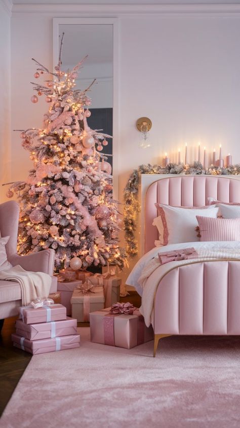 Pink Christmas Bedroom Ideas, Christmas Room Decor Pink, Christmas Bedroom Pink, Christmas Tree For Bedroom, Modern Pink Christmas, Christmas Room Inspiration, Rugs Cozy, Pink Christmas Bedroom, Festive Decor Ideas