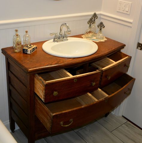 Repurposed Antique Dresser turned into a Bathroom Sink Vanity Dresser Sink, Dresser Vanity Bathroom, Repurposed Dresser, Diy Bathroom Vanity, Bathroom Vanity Designs, Dresser Vanity, Plumbing Pipes, Vanity Design, Bathroom Redo