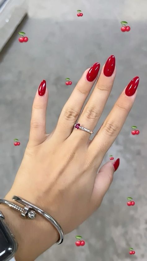 Simple Red Almond Nails, Scarlett Red Nails, Guatemala Nails Designs, Red Gel X Nails Almond, Cherry Aura Nails, Candy Apple Red Nails Acrylic, Red Cherry Nails Acrylic, Almond Red Acrylic Nails, Cute Nail Aesthetic