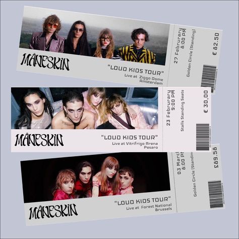 Concert Marketing Ideas, Music Ticket Design, Diy Concert Tickets, Rock Concert Tickets, Concert Tickets Aesthetic, Ticket Design Ideas, Vip Pass Design, Concert Ticket Design, Maneskin Concert