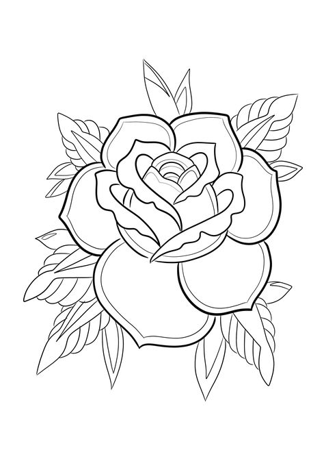 Line Work Rose Tattoo, American Traditional Stencil, American Traditional Rose Tattoo, Mcr Tattoo, American Traditional Rose, Rosé Cartoon, Rose Tattoo Stencil, Betty Boop Tattoos, Flower Stencils