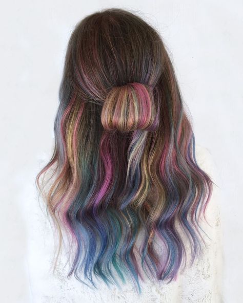 The Rainbow Hair Artist on Instagram: “Looking for inspiration and just so happens I was wearing my wig 😂🤷‍♀️ swipe to see it 😂 and the process shot + before shot also. I went…” Rainbow Balayage Hair, Partly Dyed Hair, Subtle Rainbow Hair, Rainbow Balayage, Rainbow Highlights, Ombré Balayage, Vivid Hair, Hair Projects, Vivid Hair Color