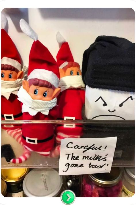 Three elves standing near milk cartons and boxes, warning about the milk being low. A humorous Elf on the Shelf idea with a creative message in your kitchen. Shelf Box, Elf On The Shelf Idea, Milk Cartons, Milk Carton, Elf On The Shelf Ideas, Shelf Ideas, On The Shelf, Elf On The Shelf, More Fun