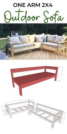 2x4 Outdoor Sofa, One Arm Sofa, White Patio Furniture, Outdoor Sofa Diy, Outdoor Furniture Plans, Outdoor Couch, Diy Sofa, Deck Furniture, Patio Decorating