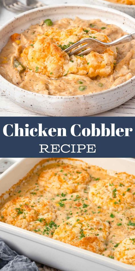 Chicken Cobbler Chicken Pie Cobbler, Savory Cobbler Recipes, Bisquick Chicken Casserole, Chicken Cobbler With Bisquick, Barefoot Neighbor Chicken Cobbler, Chicken Pot Pie Cobbler, Chicken Cobbler Casserole, Chicken Cobbler Recipe, Garlic Cheddar Biscuits