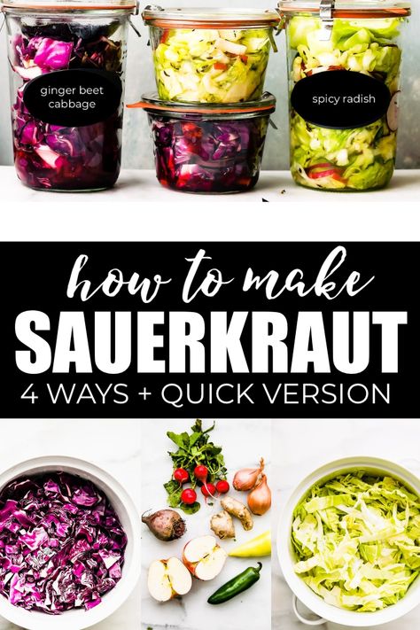 Learn how to make sauerkraut easily at home, in four different flavors! Including a basic homemade sauerkraut recipe, plus a quick stove top sauerkraut. #fermentedfoods #proboitics #sauerkraut #homemade #paleo #vegan #healthy Quick Sauerkraut, Blender Creations, Cotter Crunch, Make Sauerkraut, Making Sauerkraut, German Dishes, Sauerkraut Recipe, Farm Recipes, Homemade Sauerkraut