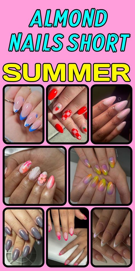 Discover the beauty of summer almond nails short, perfect for cute and trendy designs in 2024. Embrace bright colors like pink, blue, and purple to make a statement. Simple French tips and classy designs are ideal for any occasion. Get inspired by natural and gel nail ideas that highlight the almond shape. Explore the best prices and inspo for 2024 trends to keep your nails looking chic and fashionable. Summer Nail Inspo 2024 Almond Short, Trendy Summer Nails 2024, Summer Nails 2024 Trends Almond Simple, French Tip Styles, Almond Nails Short, Summer Almond Nails, Short Nails Summer, Summer Nails Almond, Classy Nail Art