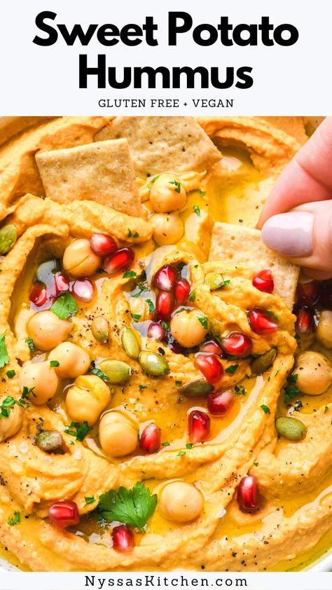 Sweet Potato Hummus Recipe, Dairy Free Thanksgiving Recipes, Classic Hummus Recipe, Chickpeas Roasted, Dairy Free Thanksgiving, Roasted Sweet Potato Cubes, Gluten Free Hummus, Potato Hummus, Classic Hummus