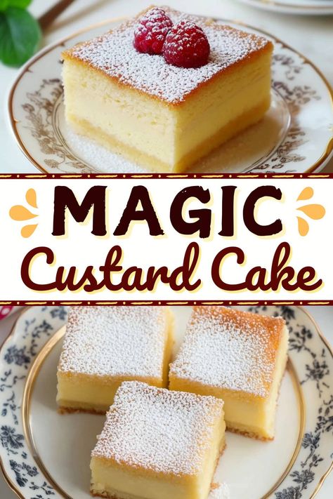 This magic custard cake is an easy-to-make dessert that bakes into three distinct layers: a fluffy top, creamy custard center, and dense bottom. Custard Cake Filling Recipe, Custard Cupcakes, Custard Cake Filling, Magic Custard Cake, Custard Cake Recipes, Fluffy Top, Cake Filling Recipes, Cake Filling, Custard Desserts