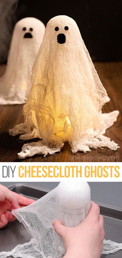 Craft Ghosts For Kids, Ghost Craft For Toddlers, Cheese Cloth Ghost With Glue, Cheese Cloth Ghost Modge Podge, Gauze Ghosts Diy, Cheese Cloth Ghost Diy, Cheesecloth Crafts, Cheese Cloth Ghost, Paper Mache Ghost