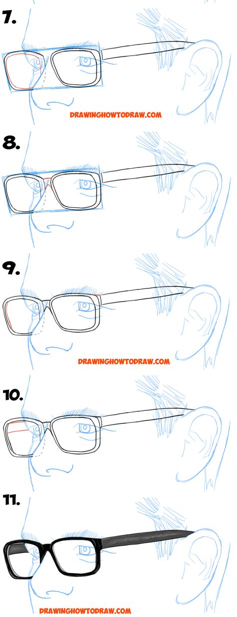 Learn How to Draw Glasses on a Man's Face from the 3/4 View (Three Quarters Angle) easy step by step drawing tutorial for beginners Glasses How To Draw, Three Quarter View Face Anime, How To Draw Sunglasses On A Face, How To Draw Sunglasses, Glasses On Men, Sunglasses Drawing Reference, Draw Glasses, Glasses Reference, Drawing Faces For Beginners