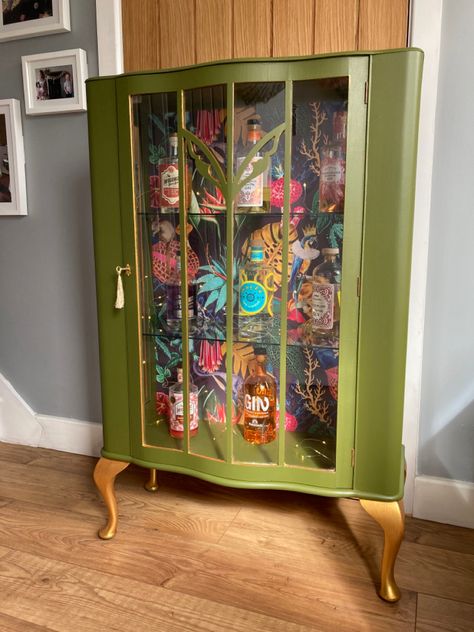 Funky Cabinet Colors, Maximalist Display Cabinet, Whimsical Cabinet, Drink Cabinet Upcycled, Funky Glass Cabinet, Ecclectic Painted Furniture, Curio Cabinet Decor, Gin Cabinet, Cocktail Cabinets