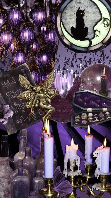 #whimsigoth #witch #purple #90s #fairycore #moon Purple Black And Gold Bedroom, Purple Whimsigoth Aesthetic, Whimsical Witch Aesthetic, 90s Whimsigoth Bedroom, Purple Witch Wallpaper, Witch Astethic, Halloween Wallpaper Purple, Purple And Green Room, Purple Gothic Aesthetic