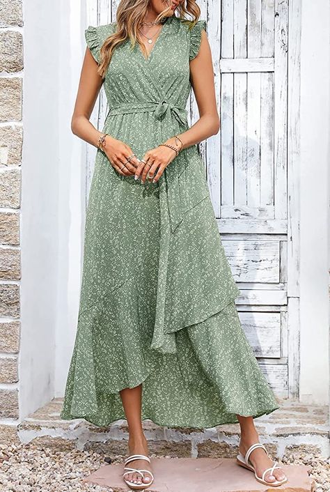 BTFBM Women's Summer Dresses Ruffle Cap Sleeveless V Neck Boho Floral Print Wrap Side Split Long Beach Maxi Dress with Belt(Floral Green, X-Large) : Clothing, Shoes & Jewelry Beach Wrap Dress, Bohemian Sundress, Ruffle Long Dress, Floral Print Long Dress, Beach Sundress, Summer Tank Dress, Floral Print Dress Long, Lace Up Dress, Chiffon Dress Long