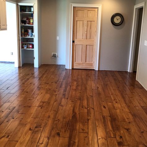 Minwax Early American stain on Pine.  Solid Hardwood flooring in Kitchen Oregon Pine Floors, Pine Floor Stain Colors, Early American Stain On Pine, Stained Plywood Floors, Pine Wood Floors, Hardwood Floor Stain Colors, Floor Stain Colors, Wood Floor Stain Colors, Walnut Flooring