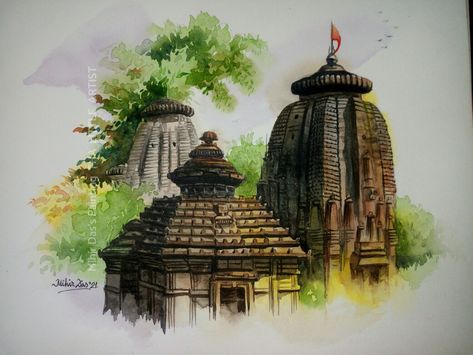 Indian Temple Watercolor Paintings, Sketch Book Water Colour, Artist Water Colour Painting, Water Colour Landscape Paintings, Temple Painting Indian, Temple Sketches Indian, Water Colour Art Landscape, Water Colour Landscape, Temple Painting