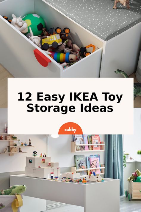 I’m sharing 12 ideas that start with an IKEA product and go on to arrange everything from clothes to toys, art, and school supplies – ideas that make kids’ rooms and play spaces fun, inviting and (hopefully) inspired to keep clean! #ikeahacks #toystorage #storagetips #storageideas Toy Box Ikea Hack, Toys Arrangement Ideas, Kids Toy Storage In Living Room, Ikea Toy Storage Ideas, Toy Storage Ideas For Living Room, School Supplies Ideas, Ikea Kids Storage, Toy Storage Shelves, Ikea Toy Storage