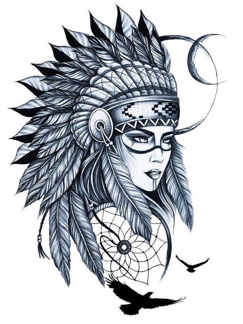 Indian Girl Tattoos, Tato Phoenix, Headdress Tattoo, Native American Woman, Native American Tattoos, Native Tattoos, Tattoo Trend, Tattoo Zeichnungen, Warrior Tattoos