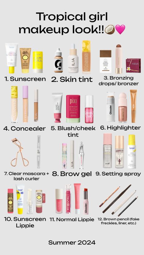 #makeup #sephora #summer #summer2024 #preppy #tropical #coconutgirl #fyp Preppy Makeup Essentials, Makeup To Take On Vacation, Natural Summer Makeup Products, Vacation Makeup Essentials, Preppy Sephora Products, Sephora Must Haves 2024, Summer Makeup Must Haves, Summer Makeup Essentials, Beach Makeup Products