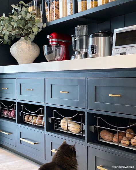 Built In Bins Kitchen, Built In Kitchen Drawer Organizer, Built In Vegetable Drawers, Potato Drawer Kitchen, Metal Basket Drawers Kitchen, Microwave In Pantry, Vegetable Drawer, Pantry Decor, Produce Storage