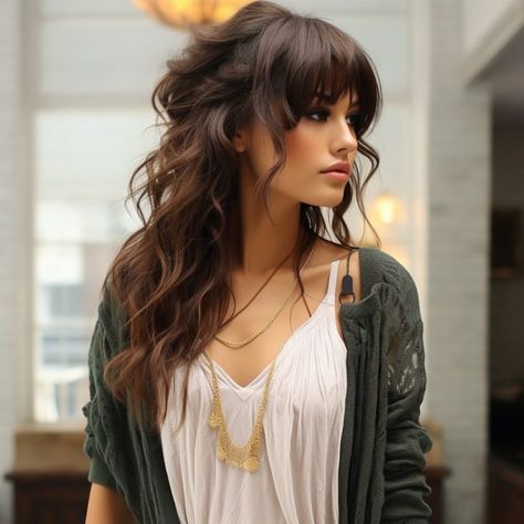 50 Fringe haircut For a Refreshing Look In 2024 Corte Shaggy, Long Fringe Hairstyles, Wavy Bangs, Long Wolfcut Haircut With Bangs, Wolfcut Hair, Wolfcut Hair Long, Dark Brunette Hair, Pin Up Vintage, Haircut With Bangs