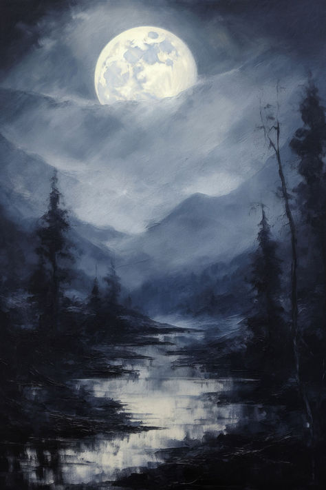 Night Lake Painting, Night Time Paintings, Dark River, Painting Dark, Reflection Painting, River Painting, Dark Vintage, Lake Painting, River Art