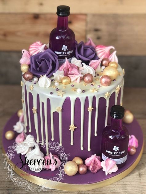 Gin Cake Birthday, Purple 40th Birthday Cake, Purple Drip Cake Birthday, Purple 21st Birthday Cake, Birthday Cake With Alcohol Bottles, Purple 18th Birthday Cake, Wine Cake Designs, Purple And White Birthday Cake, Purple Cake Designs Birthday