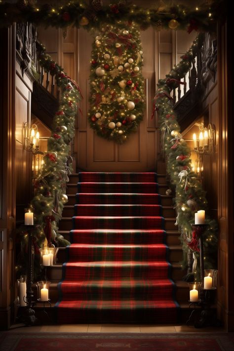 Scottish Manor House Interior, Traditional Scottish Christmas Decorations, Manor House Christmas, Scottish Christmas Aesthetic, Scottish Christmas Decor, Christmas Decor Foyer, Scottish Christmas Decorations, Heritage Interior, Christmas In Scotland