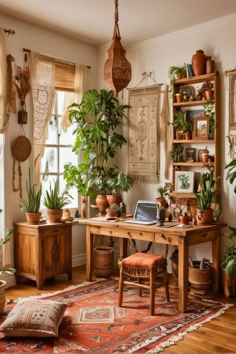 Boho Craft Room Ideas, Cozy Boho Office, Boho Desk Space, Bohemian Office Space, Boho Home Office Ideas, Boho Office Room, Boho Decor Diy Bohemian Homes, Boho Sunroom Ideas, Cottage Core Office