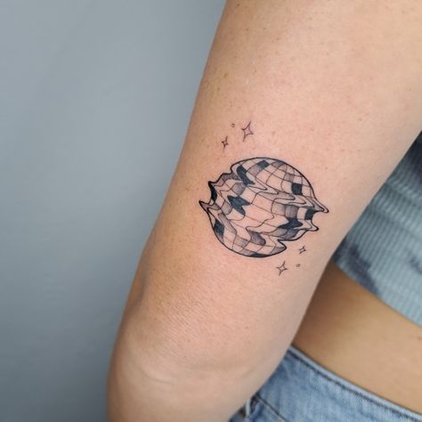 Melting Disco Ball Tattoo, Disco Tattoos, Cancun Tattoo, Edm Tattoo, Disco Ball Tattoo, Ball Tattoo, Choose Her, Party Tattoos, Planet Tattoos