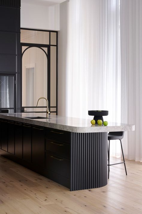 Black Fluted Island, Black Fluted Kitchen Island, Panelled Kitchen Island, Black Fluted Panel, Fluted Island, Bold Aesthetic, Homes Interior, Flute Glass, Black Kitchen