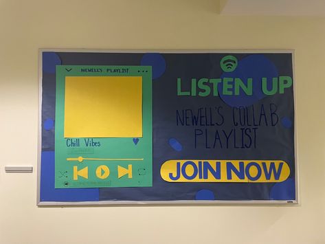 Music Themed Ra Bulletin Boards, Spotify Playlist Bulletin Board, Music Theme Bulletin Board Ideas, Music Ra Bulletin Boards, Spotify Bulletin Board, Spotify Board, Classroom Playlist, Music Classroom Bulletin Boards, Res Life Bulletin Boards